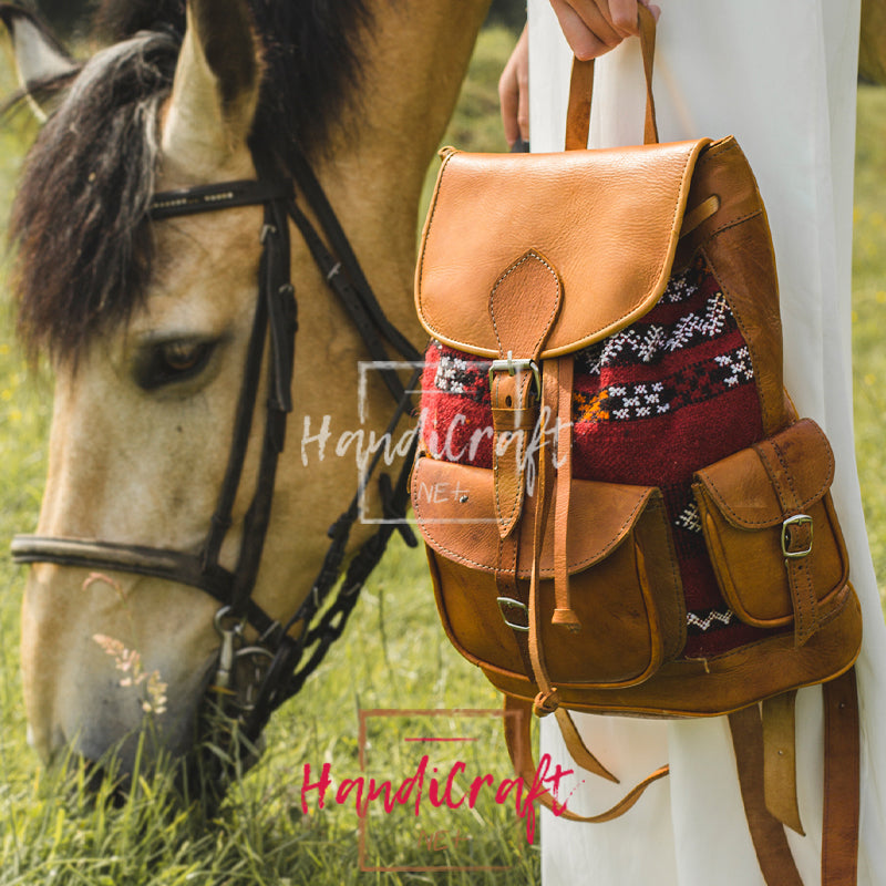 Leather and Kilim Brown Backpack